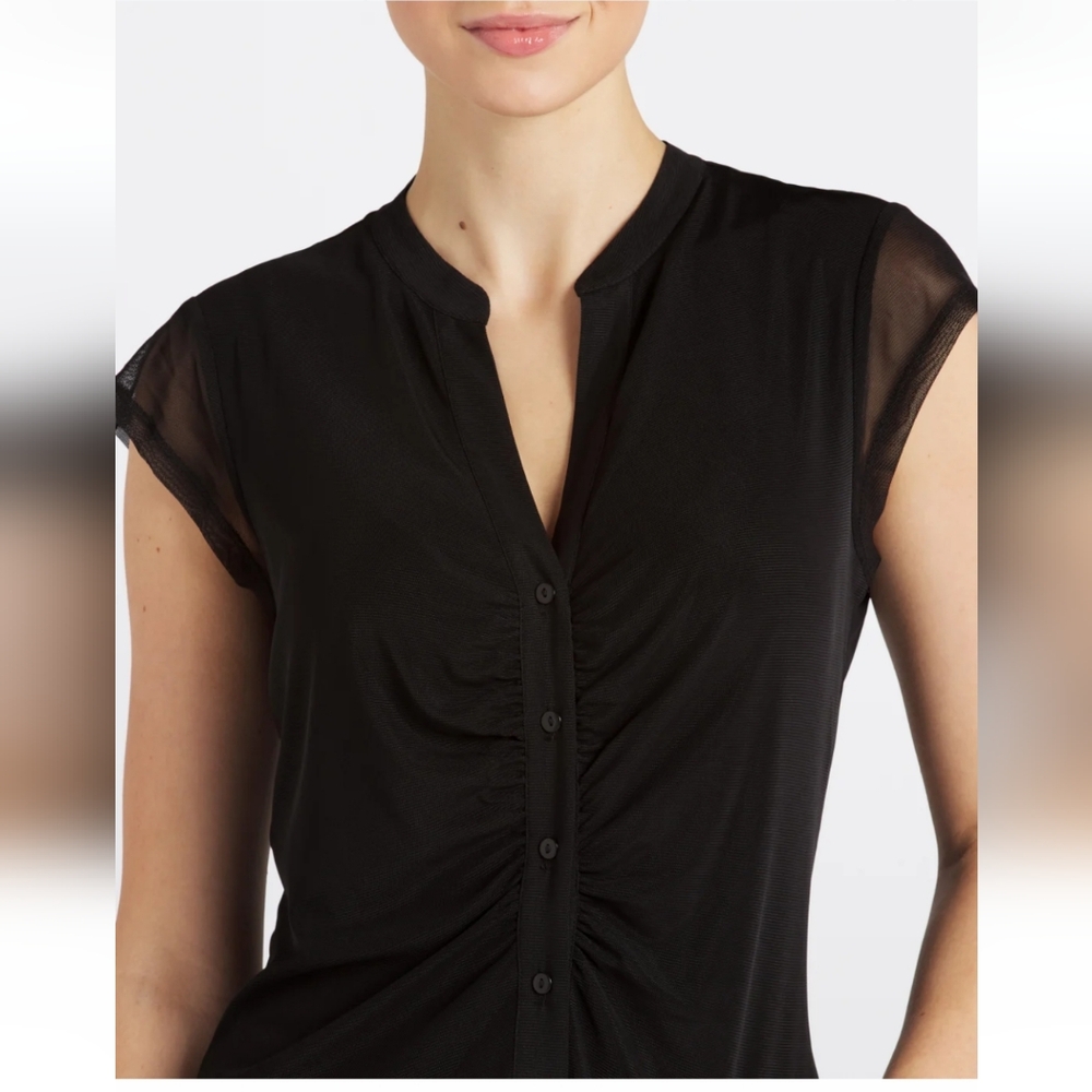 Les Serein - Full Button Mesh Short Sleeve Sheer Women's Top